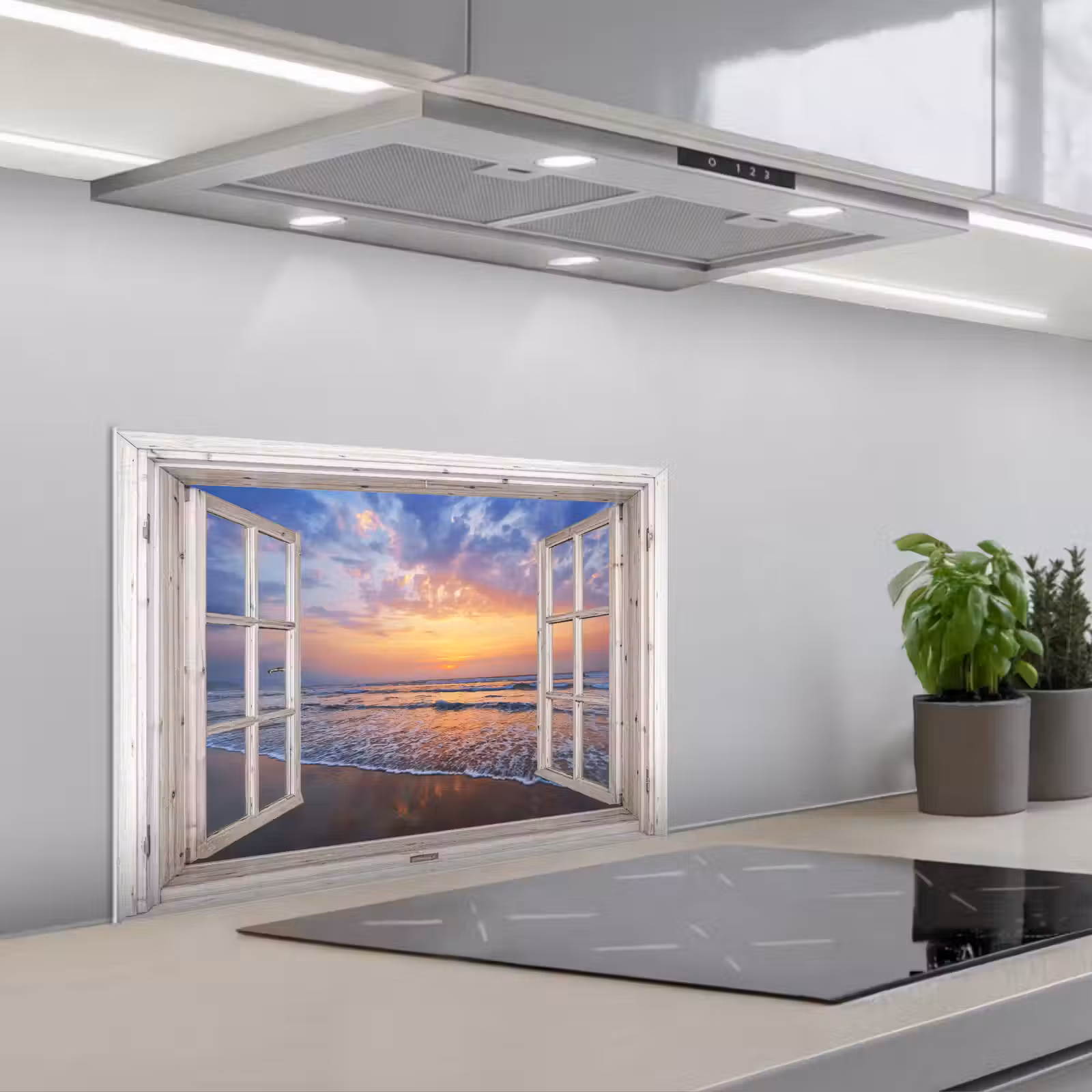 Fond de hotte - Vue - Mer - Plage - Coucher de soleil - Bleu — 1