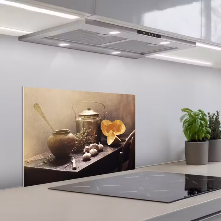 Fond de hotte - Nature morte - Citrouille - Ail - Poêle - Table — 1