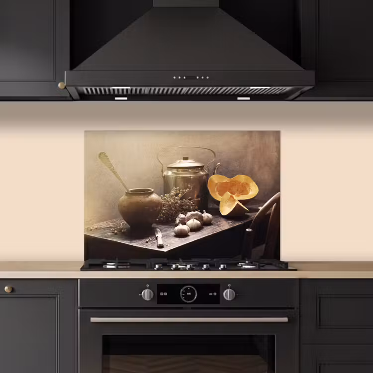 Fond de hotte - Nature morte - Citrouille - Ail - Poêle - Table — 5
