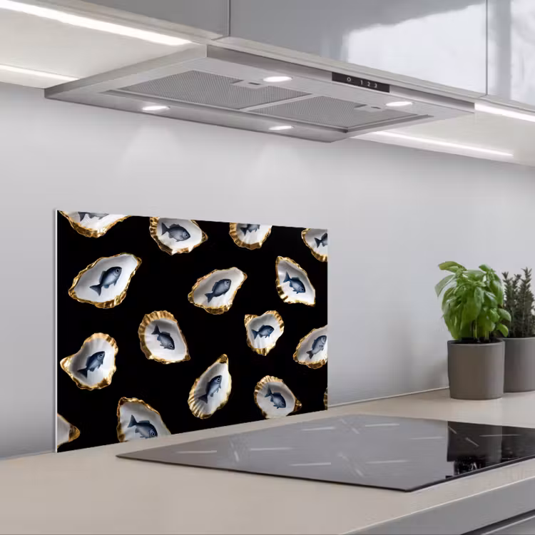 Fond de hotte - Huîtres - Poissons - Bleu - Or — 1