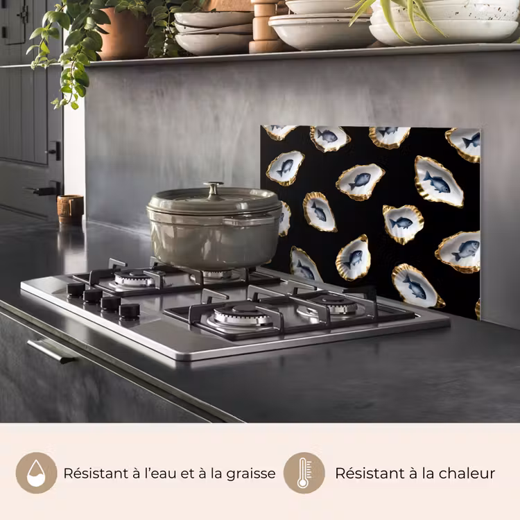 Fond de hotte - Huîtres - Poissons - Bleu - Or — 2