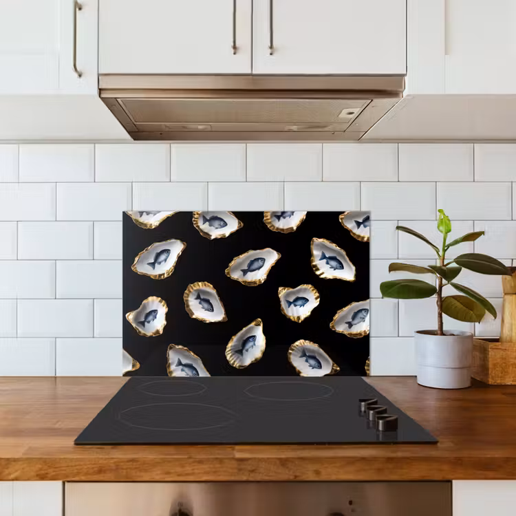 Fond de hotte - Huîtres - Poissons - Bleu - Or — 3