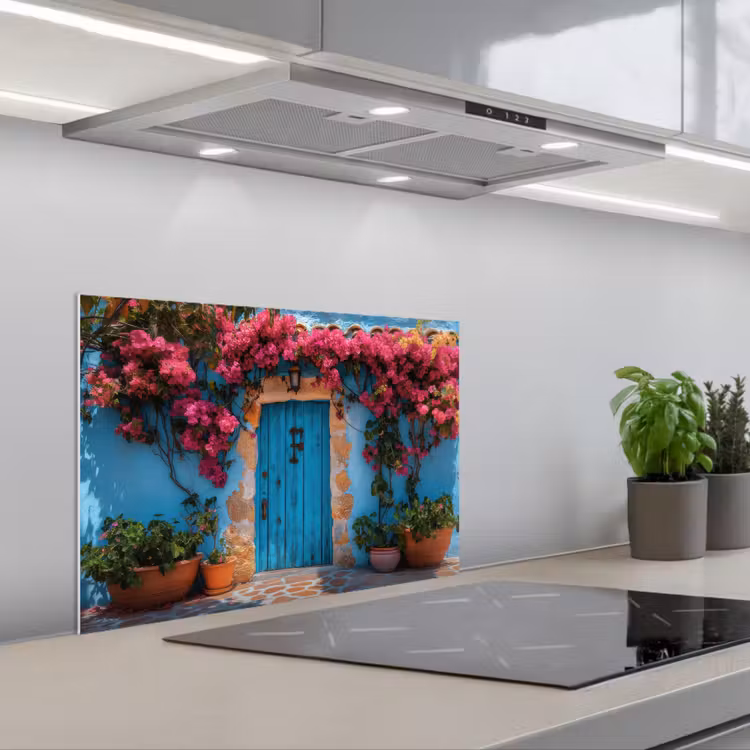 Fond de hotte - Porte - Bois - Fleurs - Bleu — 1