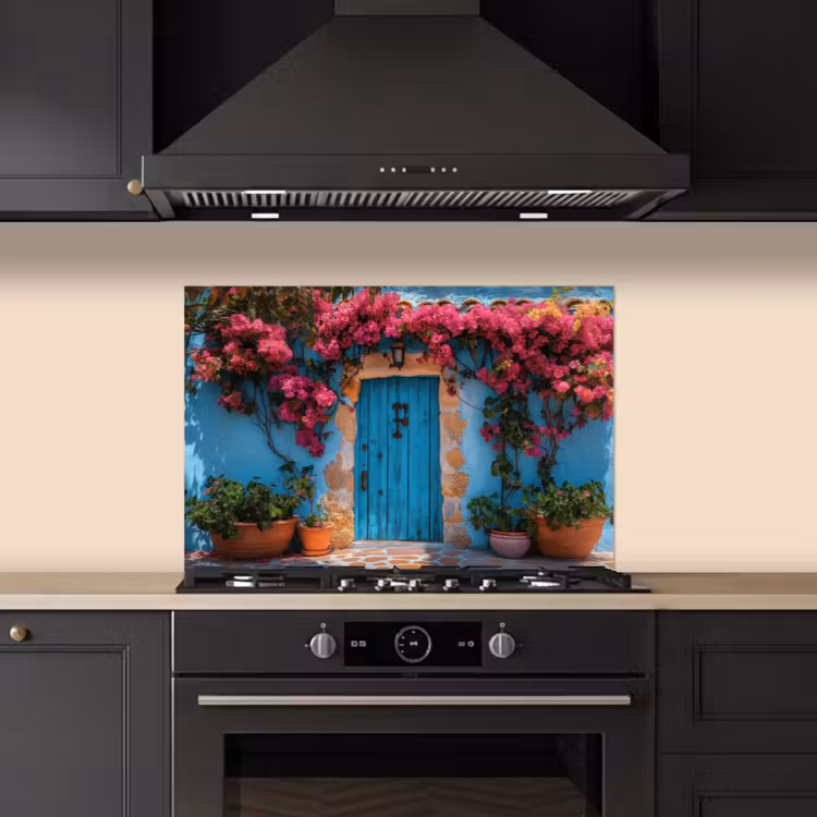 Fond de hotte - Porte - Bois - Fleurs - Bleu — 5