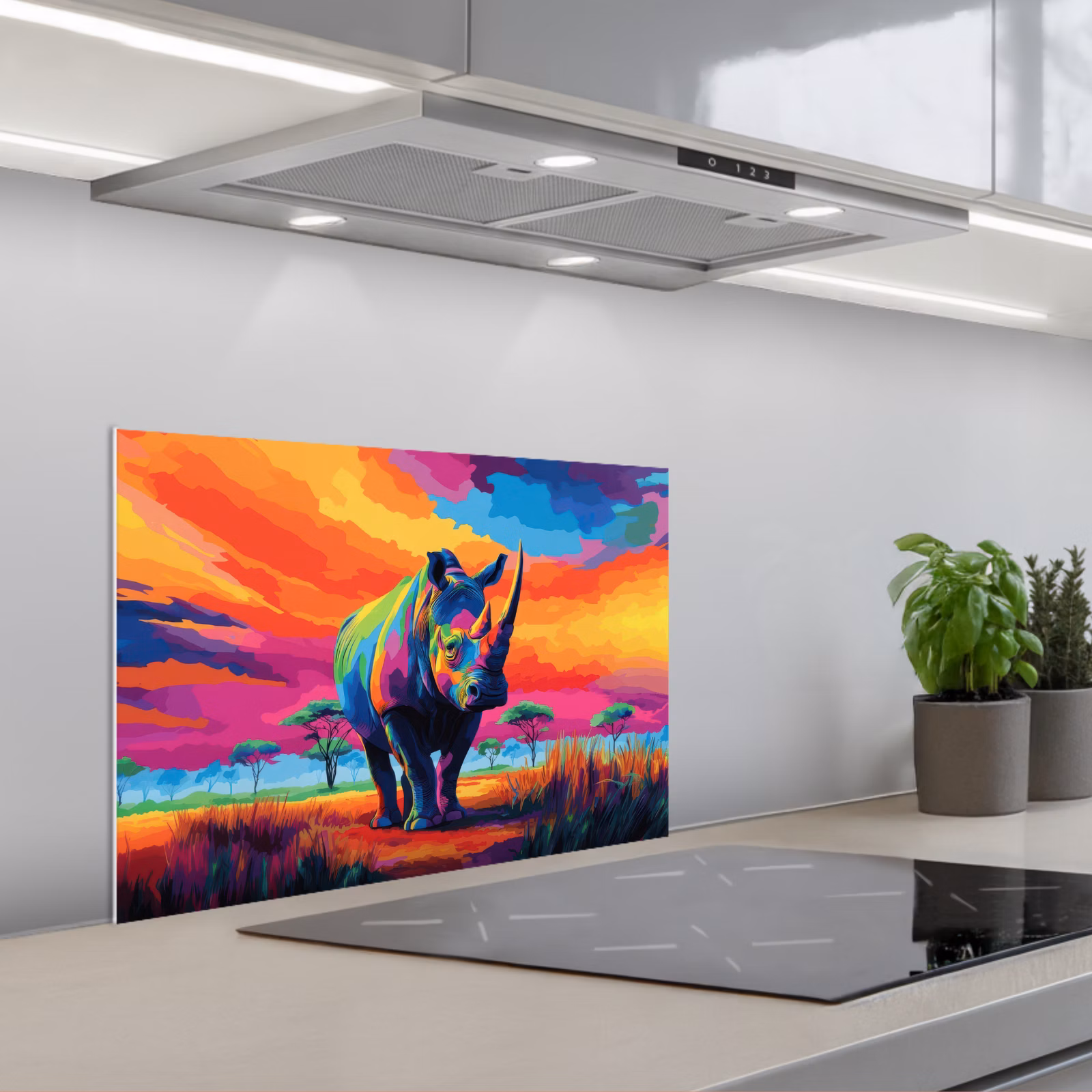 Fond de hotte - Rhinocéros - Coucher de soleil - Savane - Coloré — 1