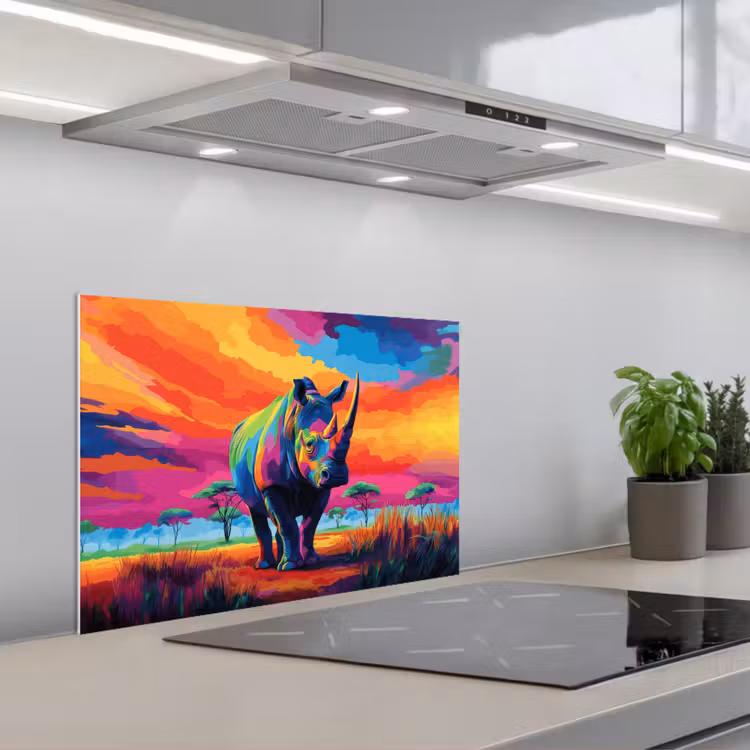 Fond de hotte - Rhinocéros - Coucher de soleil - Savane - Coloré — 1