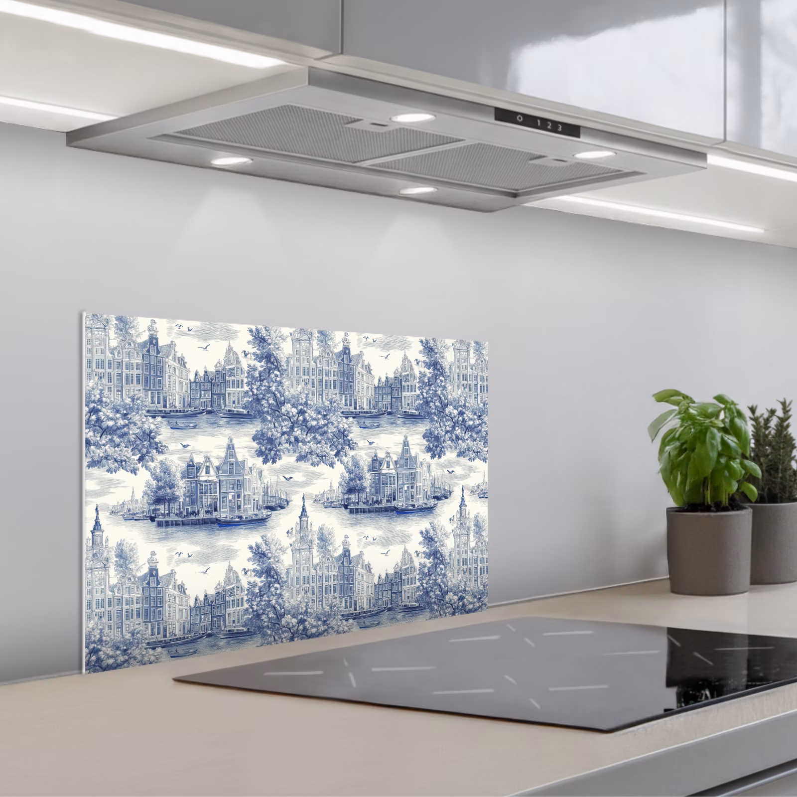 Fond de hotte - Maisons - Arbres - Eau - Oiseaux - Bleu — 1