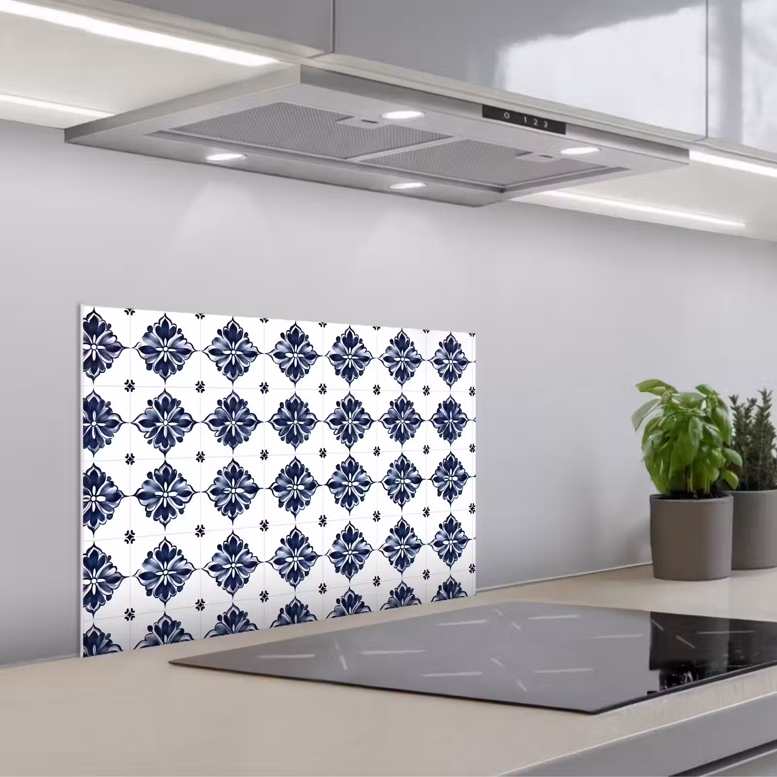 Fond de hotte - Motif carrelage - Bleu - Blanc - Fleur — 1