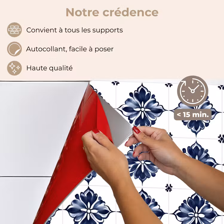 Fond de hotte - Motif carrelage - Bleu - Blanc - Fleur — 4