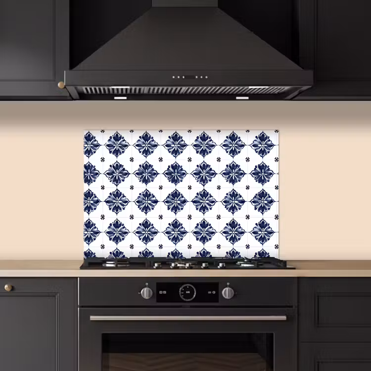 Fond de hotte - Motif carrelage - Bleu - Blanc - Fleur — 5