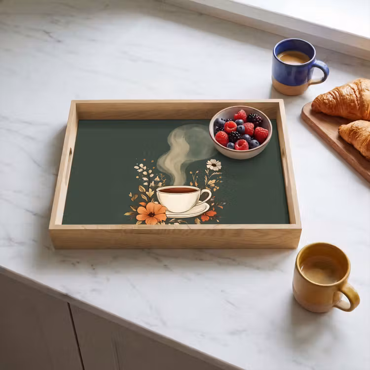 Plateau - Coupe - Fleurs - Vert - Café — 3