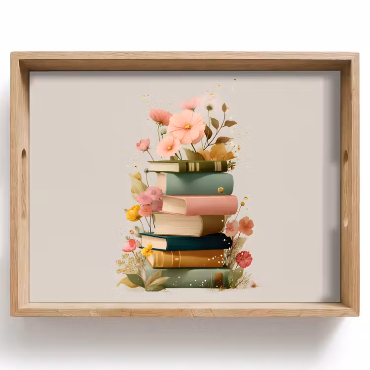 Plateau - Livres - Pile - Fleurs - Coloré — 1