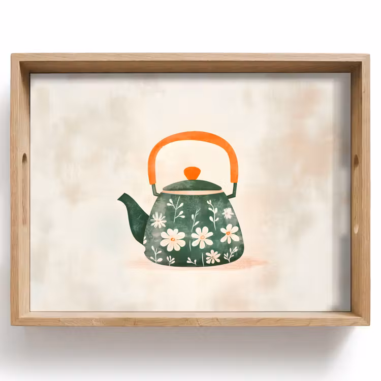 Plateau - Théière - Vert - Fleurs - Orange — 1