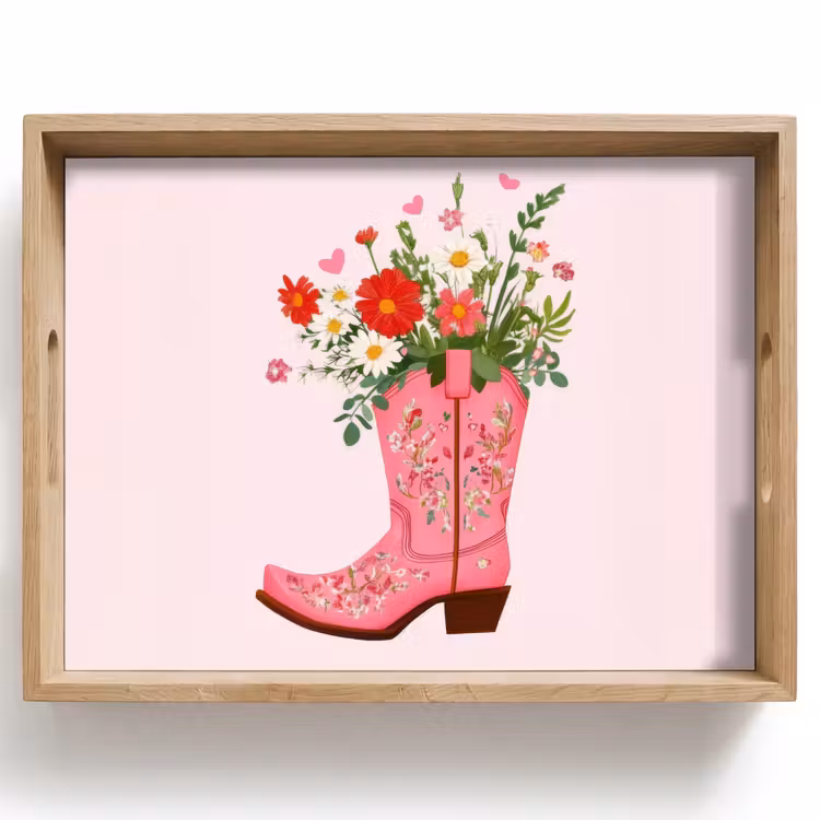 Plateau - Bottes de cow-boy - Rose - Bouquet - Fleurs — 1