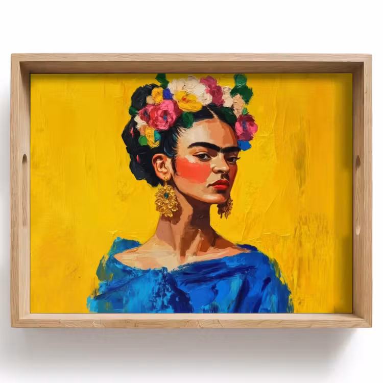 Plateau - Frida Kahlo - Femme - Jaune - Bleu - Fleurs — 1
