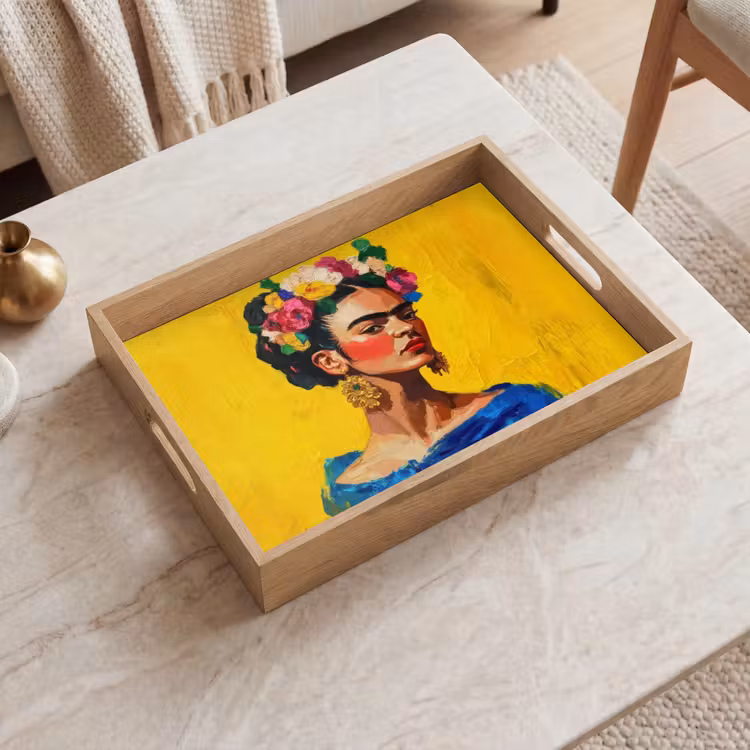 Plateau - Frida Kahlo - Femme - Jaune - Bleu - Fleurs — 2