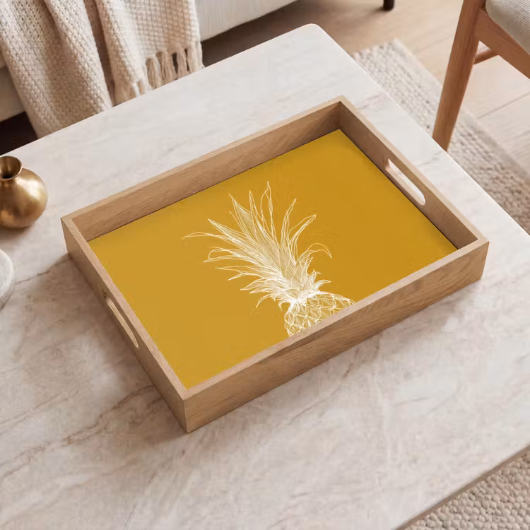 Plateau - Illustration au trait - Ananas - Couronne de feuilles - Jaune ocre — 2