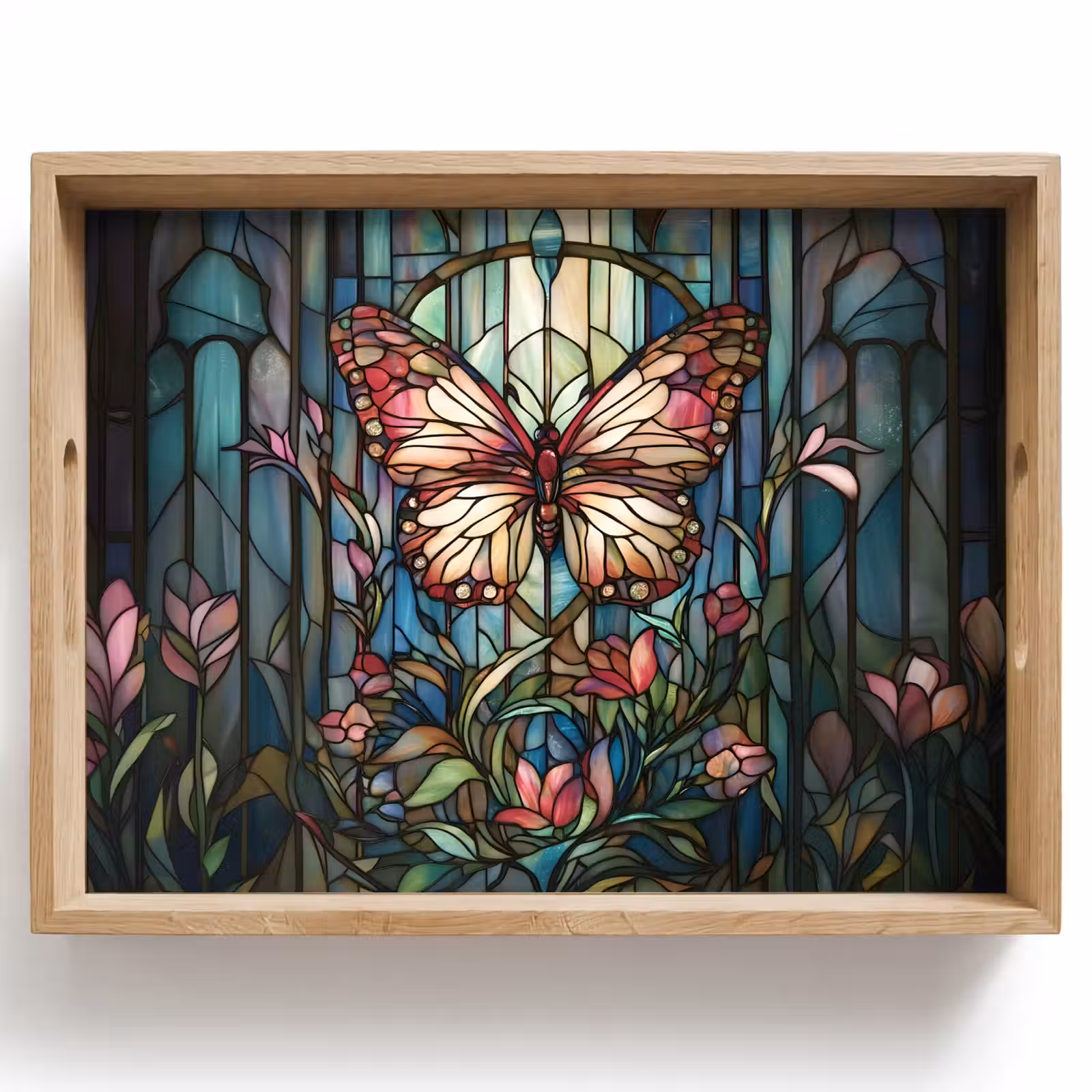 Plateau - Papillon - Rose - Fleurs - Feuilles — 1