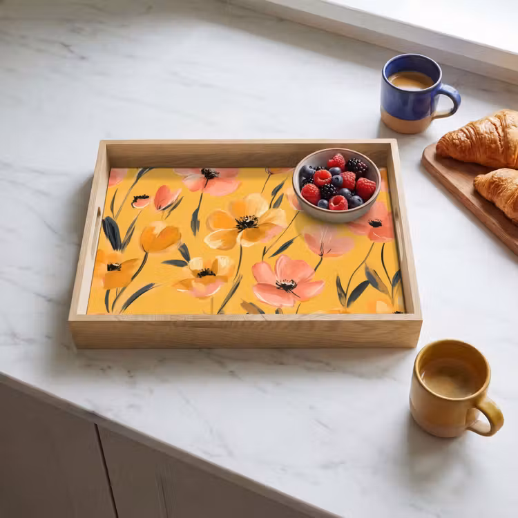 Plateau - Fleurs - peintes - jaunes — 3