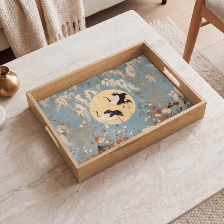 Plateau - Grues - Lune - Fleurs - Bleu — 2