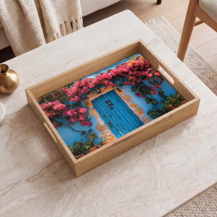 Plateau - Porte - Bois - Fleurs - Bleu — 2