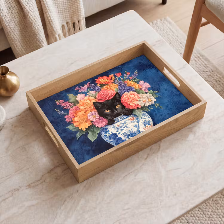 Plateau - Chat - Fleurs aux couleurs vives - Vase — 2