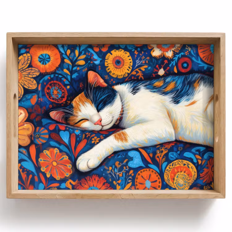 Plateau - Chat - Motif floral - Bleu - Orange — 1