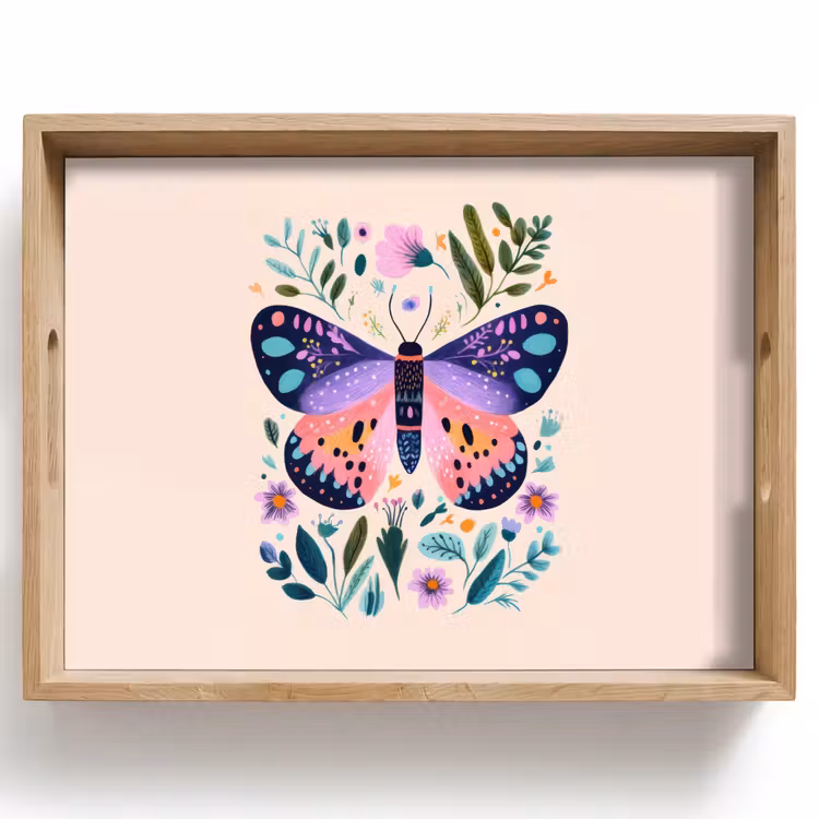 Plateau - Fleurs - Feuilles - Papillon - Coloré — 1