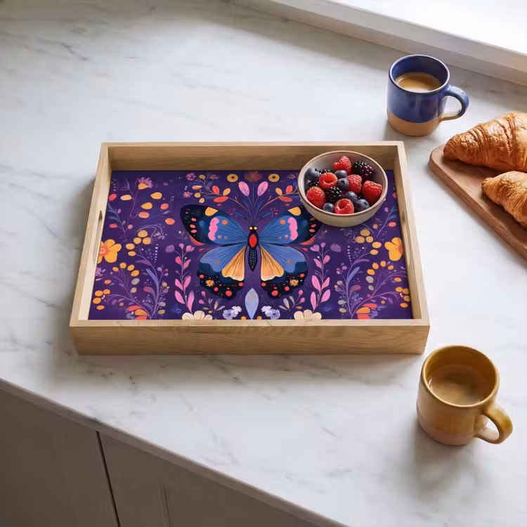 Plateau - Orné - Fleurs - Papillon - Violet — 3