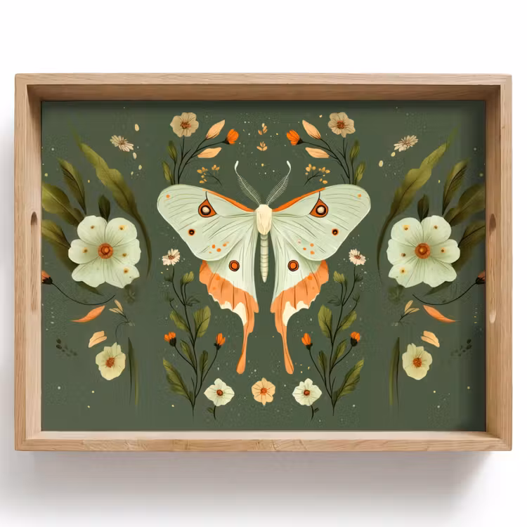 Plateau - Fleurs - Feuilles - Vert olive - Papillon — 1