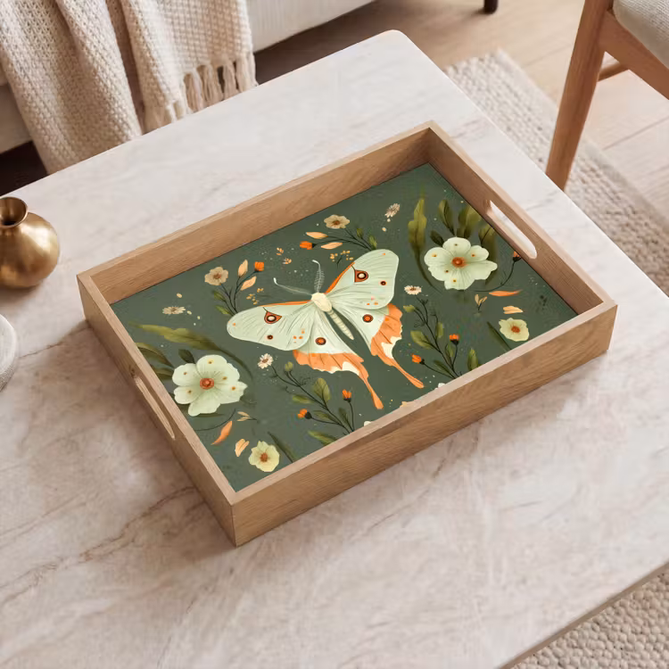 Plateau - Fleurs - Feuilles - Vert olive - Papillon — 2