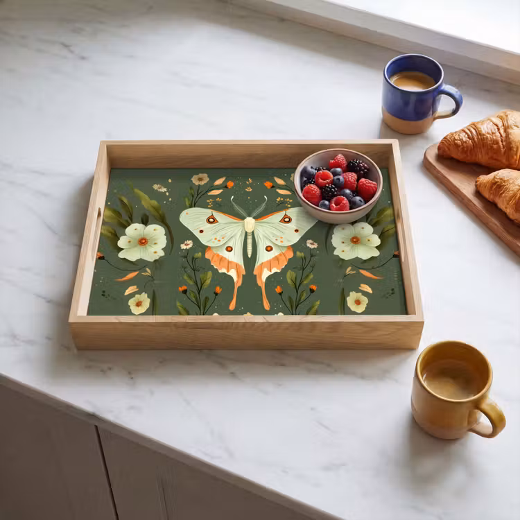 Plateau - Fleurs - Feuilles - Vert olive - Papillon — 3
