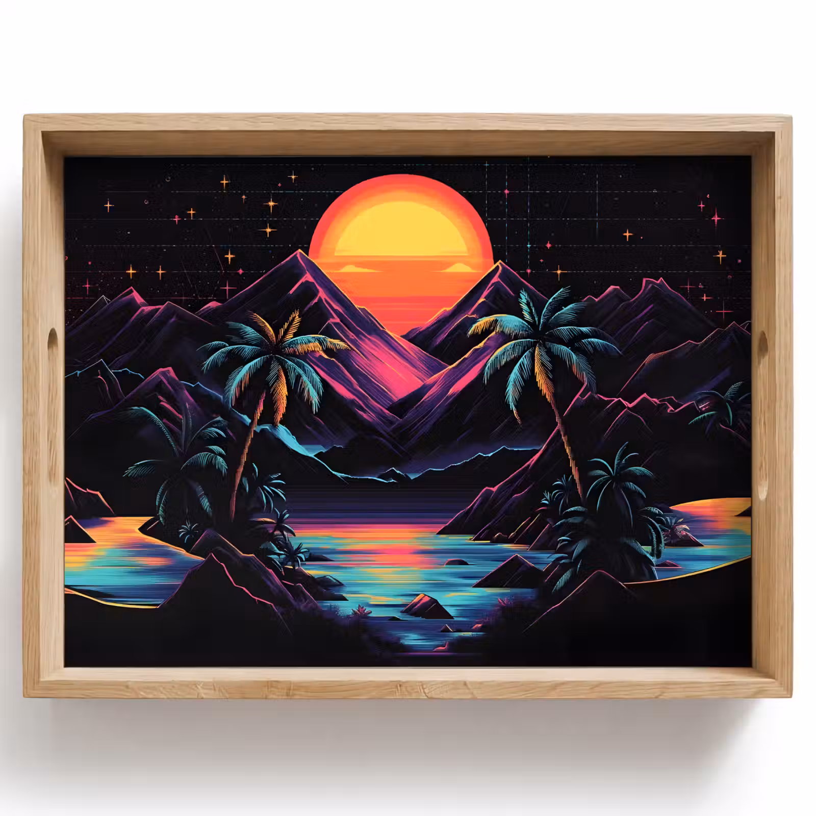 Plateau - Palmiers - Montagnes en néon - Ciel étoilé - Soleil — 1