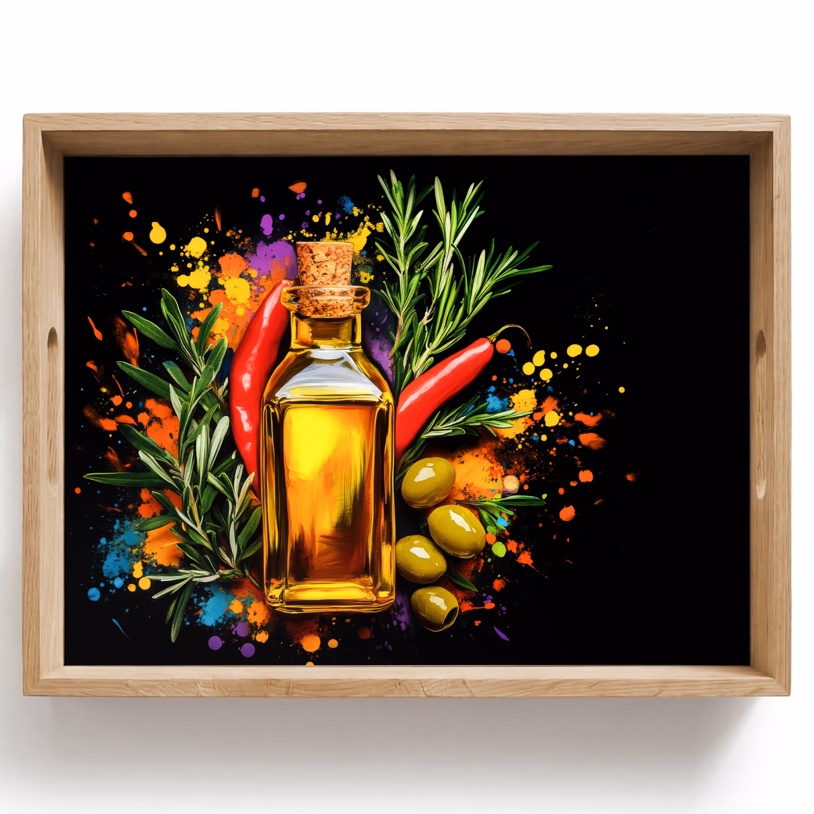 Plateau - Huile d'olive - Graffiti - Poivre - Olives - Moderne — 1