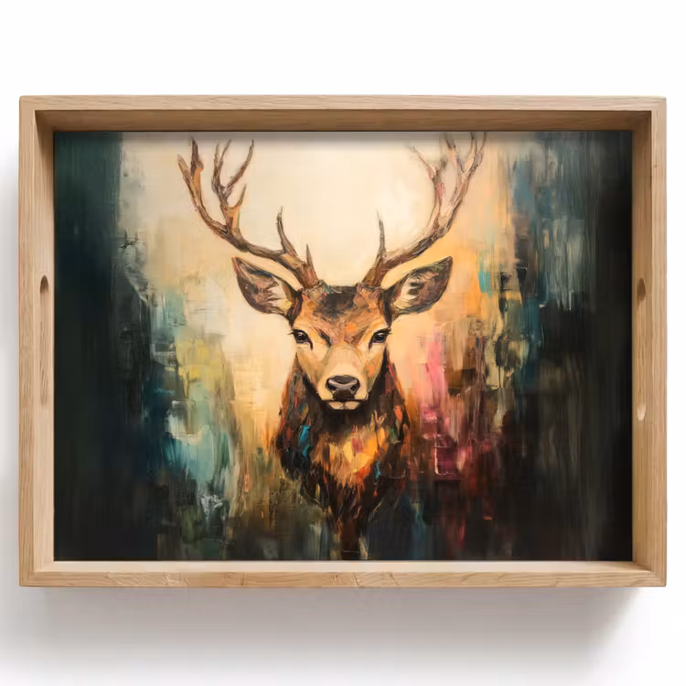 Plateau - Cerf - peint - bois - brun — 1