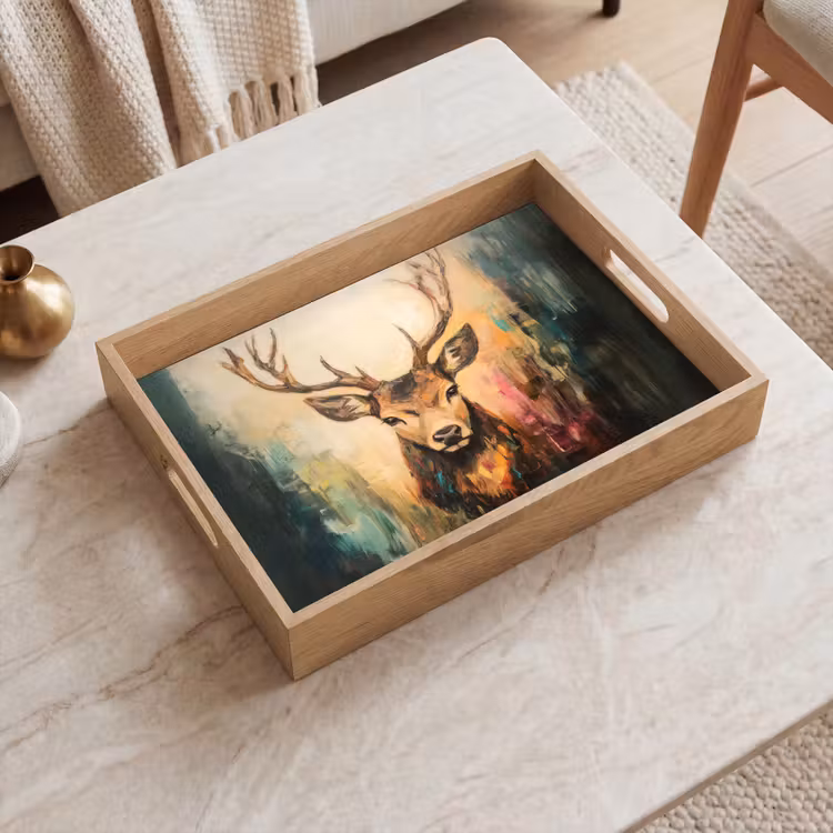Plateau - Cerf - peint - bois - brun — 2