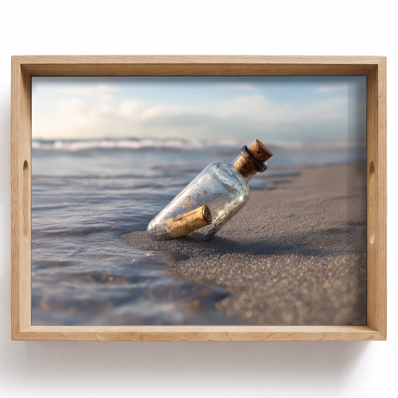 Plateau - Bouteille en verre - Poteau - Mer - Sable — 1