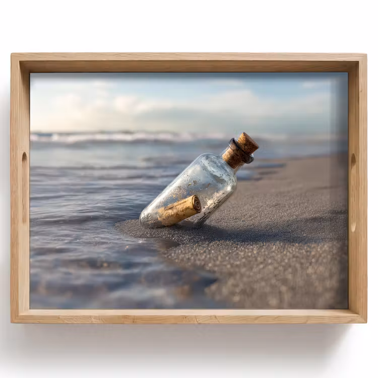 Plateau - Bouteille en verre - Poteau - Mer - Sable — 1