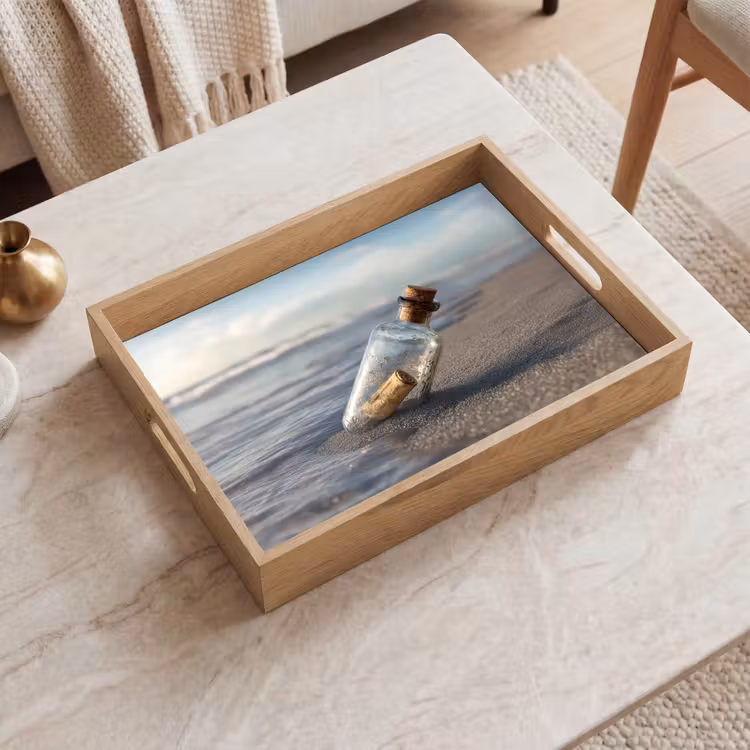 Plateau - Bouteille en verre - Poteau - Mer - Sable — 2