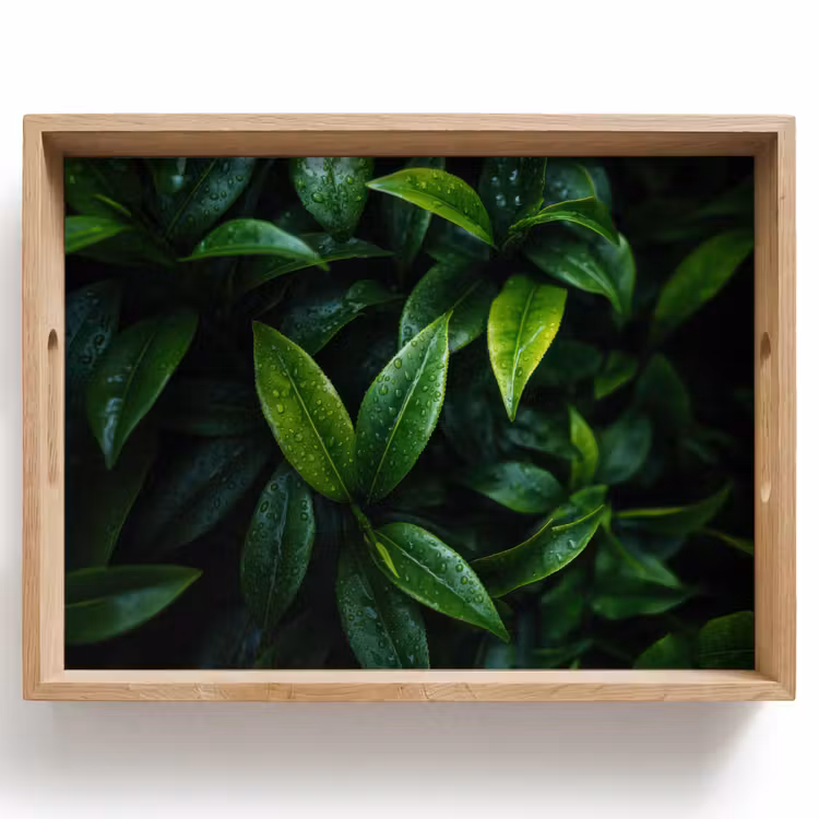 Plateau - Feuilles - Gouttes de pluie - Lumière - Vert — 1