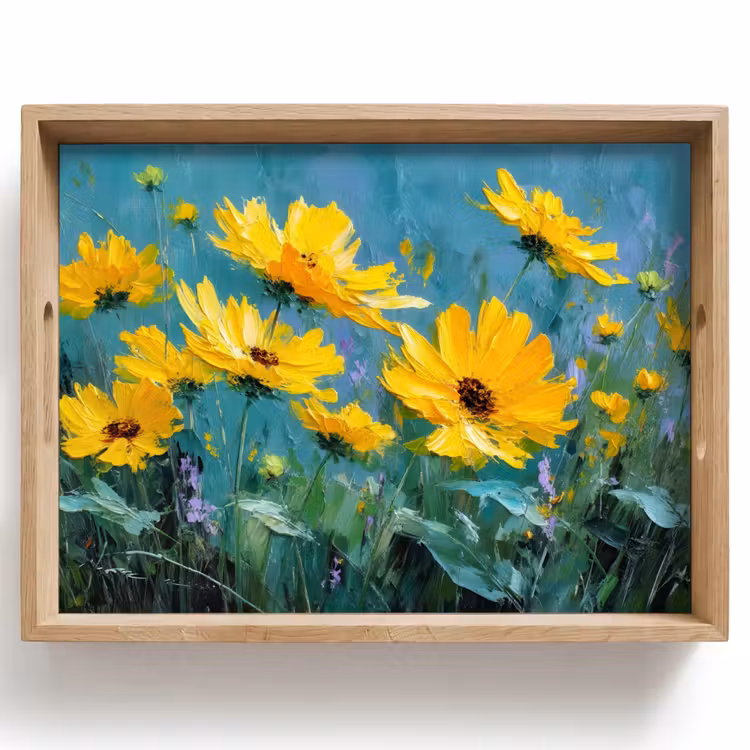 Plateau - Coups de pinceau - Fleurs - Jaune vif - Abstrait — 1