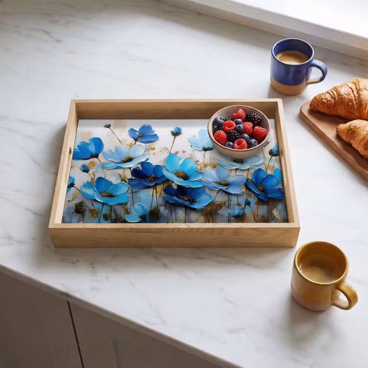 Plateau - Fleurs - Peinture - Bleu — 3