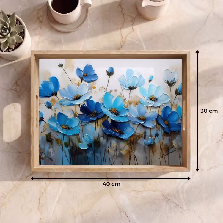 Plateau - Fleurs - Peinture - Bleu — 7