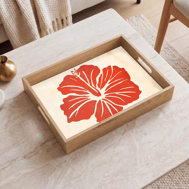 Plateau - Fleur d'hibiscus rouge - Fond texturé - Beige — 2