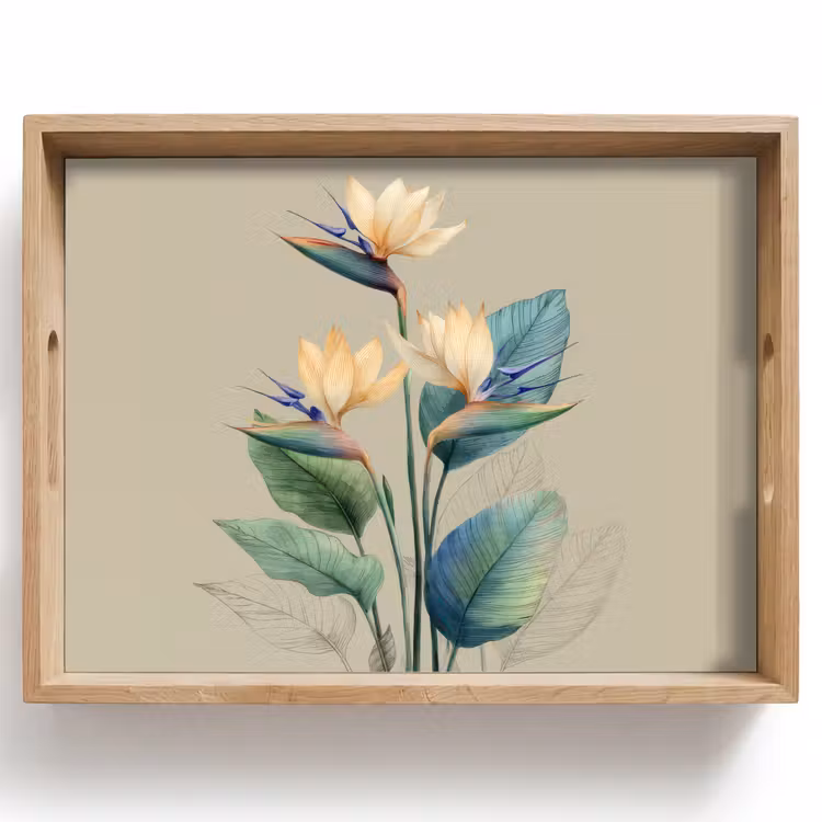 Plateau - Fleurs d'oiseaux de paradis - Feuilles bleu-vert - Beige — 1