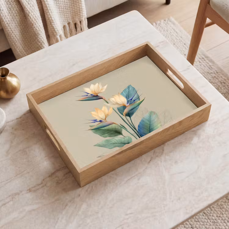 Plateau - Fleurs d'oiseaux de paradis - Feuilles bleu-vert - Beige — 2