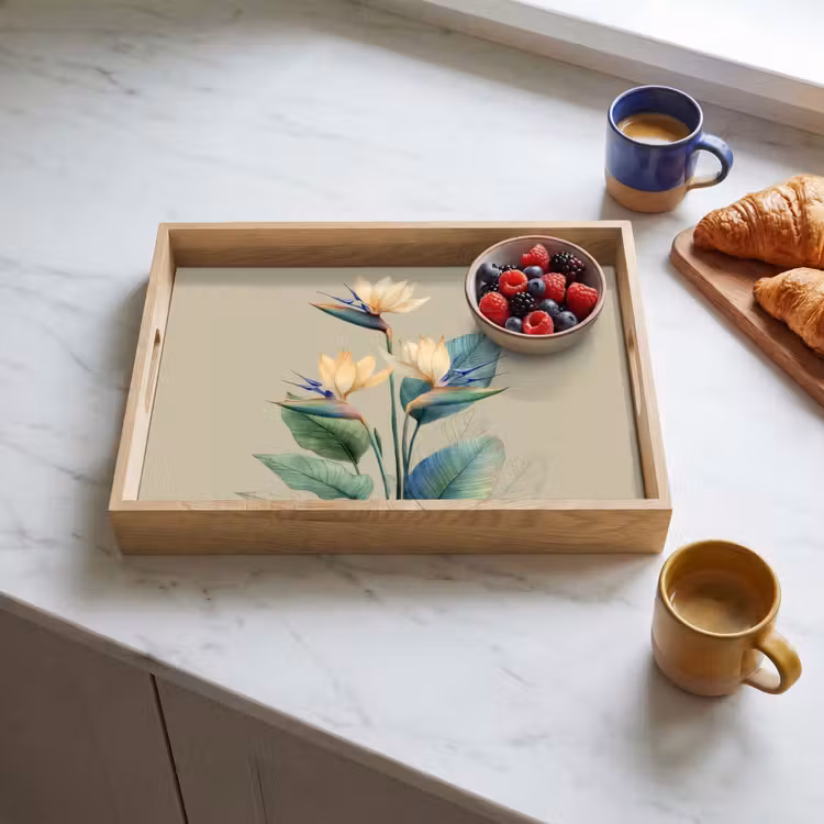 Plateau - Fleurs d'oiseaux de paradis - Feuilles bleu-vert - Beige — 3
