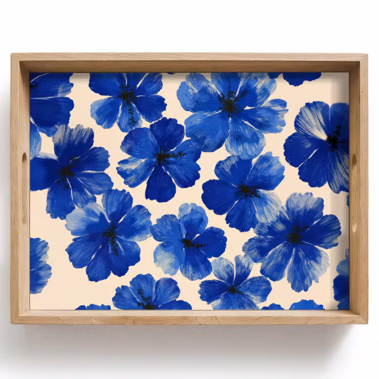Plateau - Fleurs - Bleu - Motif - Blanc — 1