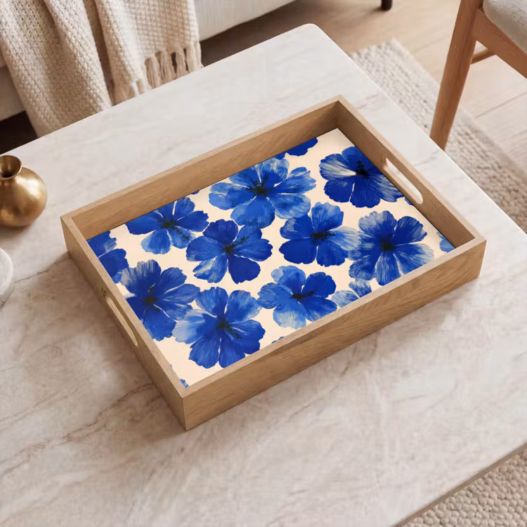 Plateau - Fleurs - Bleu - Motif - Blanc — 2