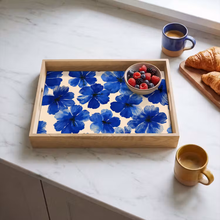 Plateau - Fleurs - Bleu - Motif - Blanc — 3